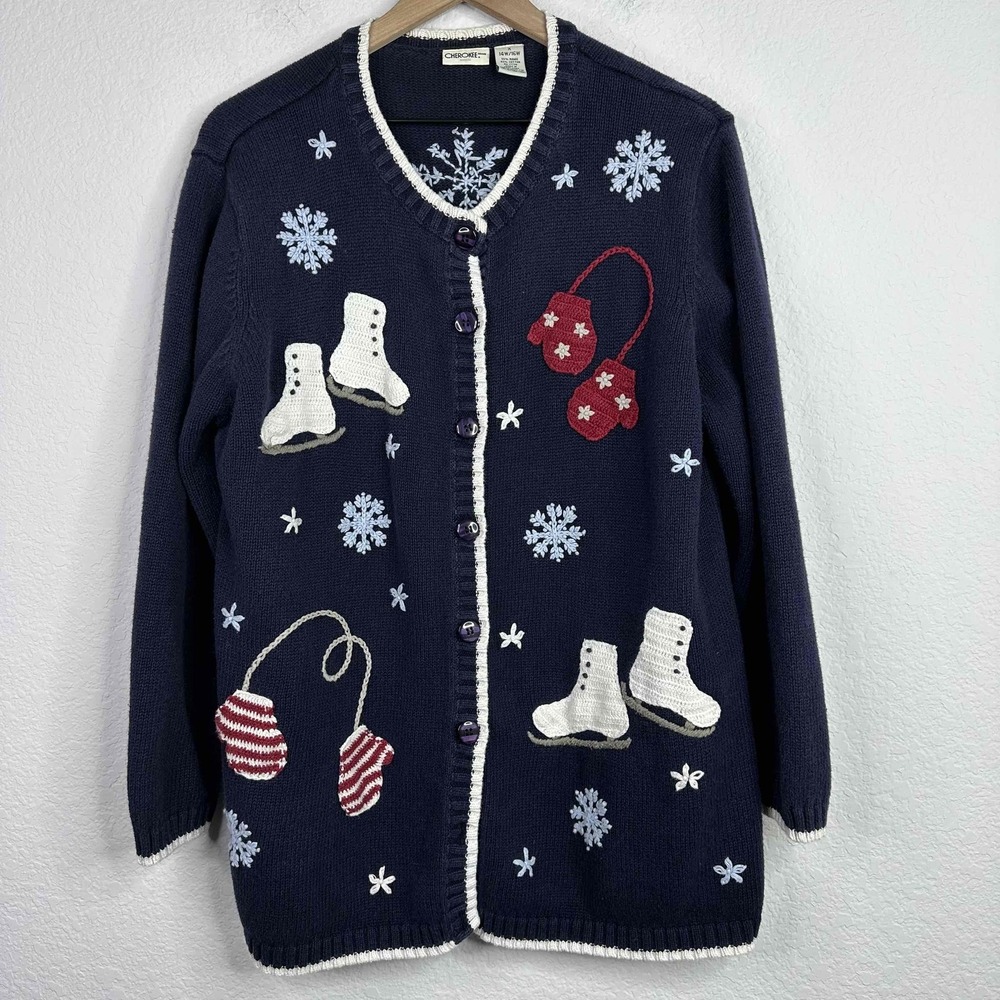 Cherokee Cardigan 14W/16W Blue Knit VTG Winter Applique‎ Snowflake Cottagecore